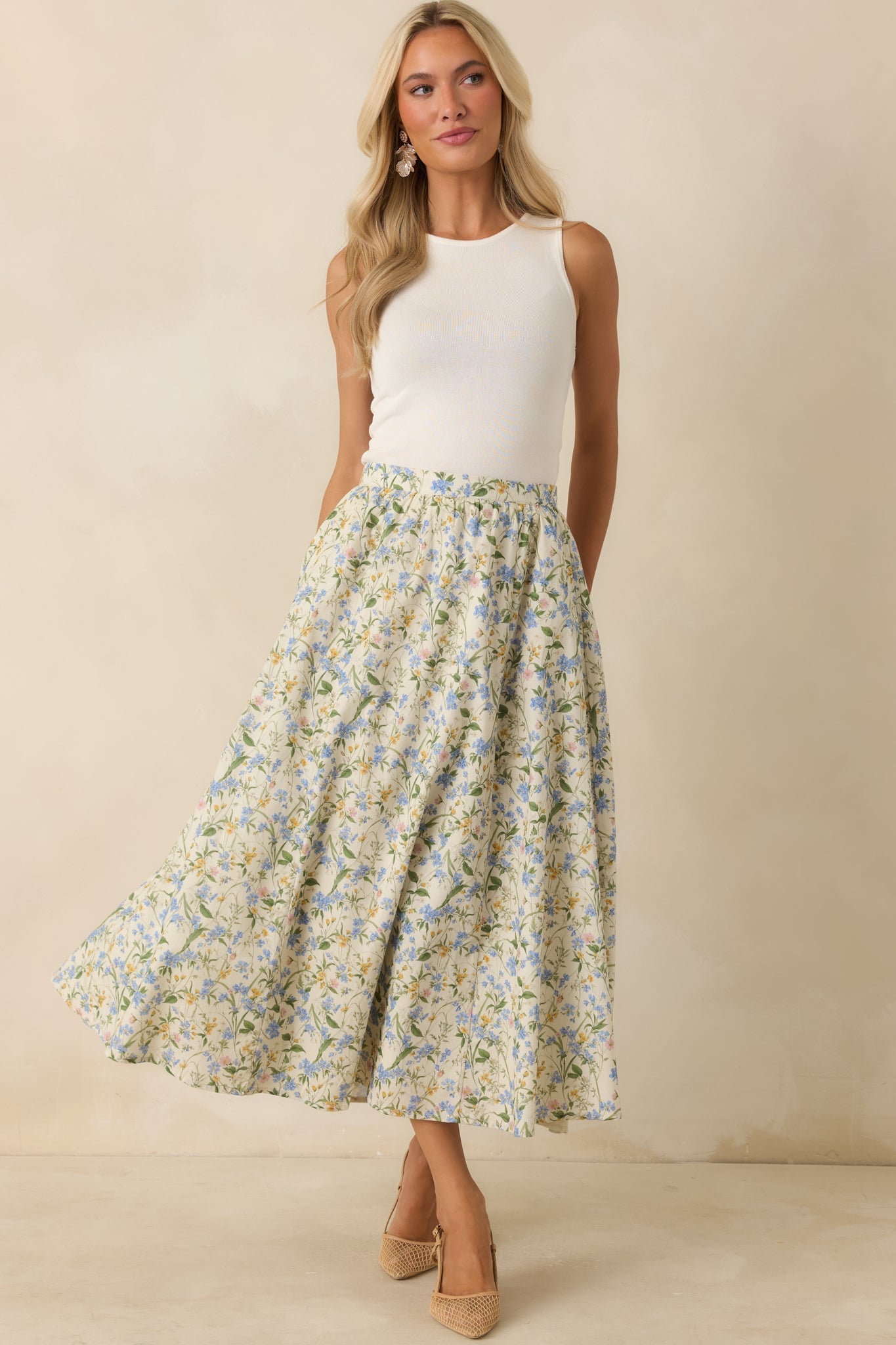 ASTR The Label Wylda Green Multi Cotton Floral Midi Skirt