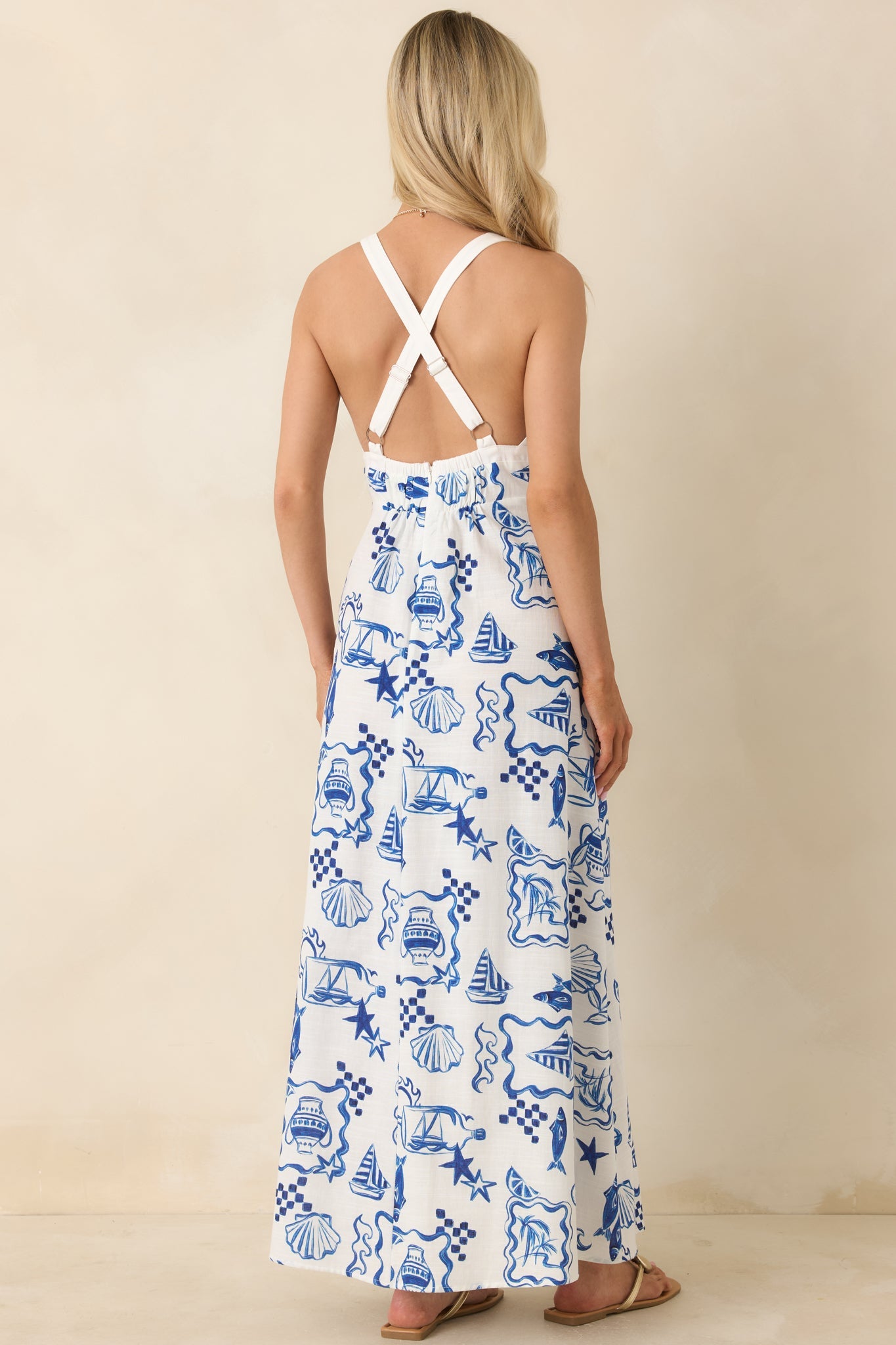 MINKPINK Baci Blue Nautical Print Cotton Blend Halter Midi Dress