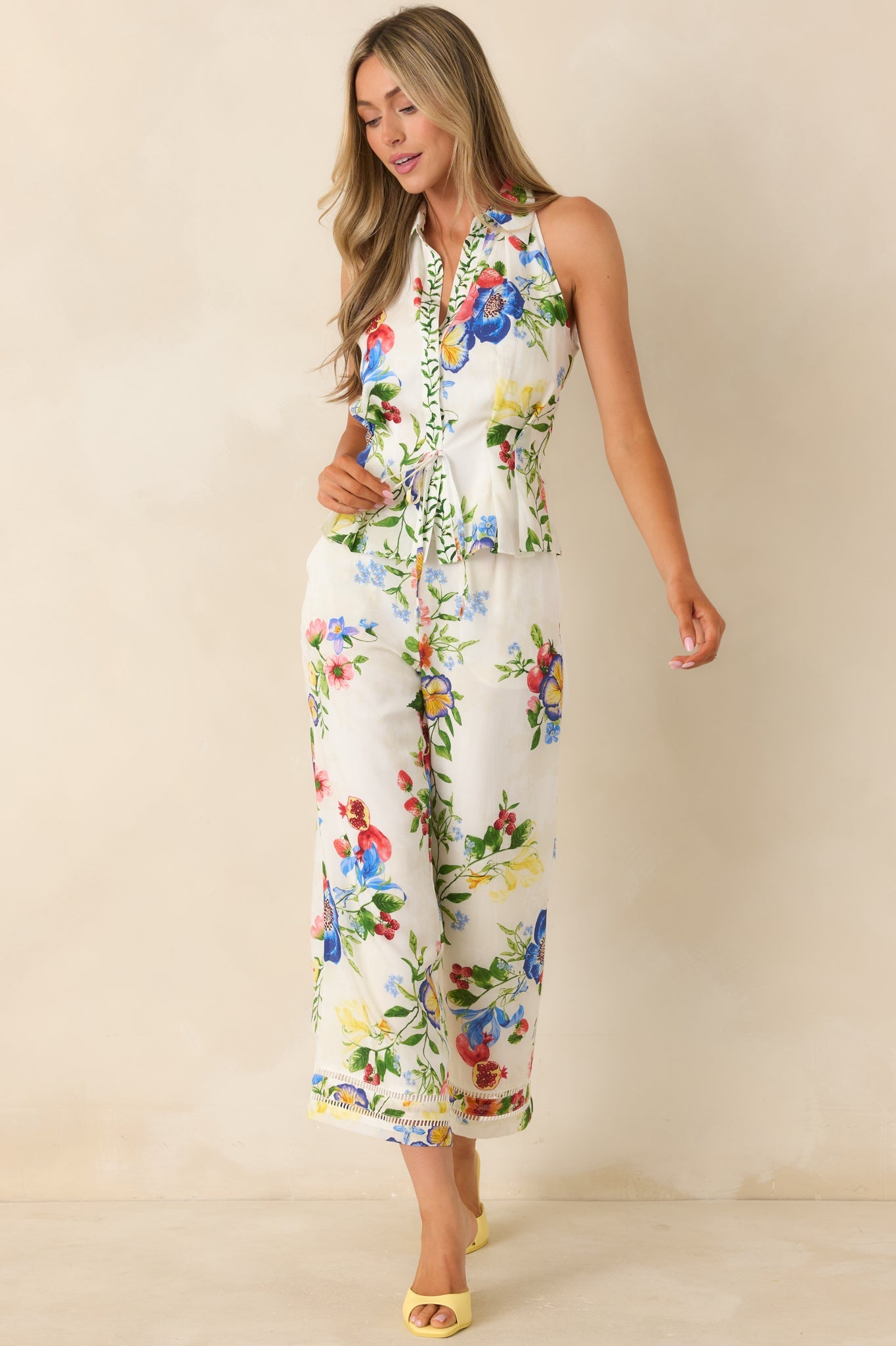 Gather & Go Ivory Multi Floral Wide Leg Pants