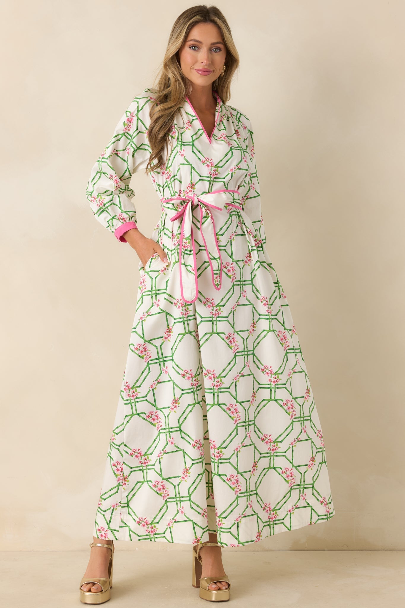 Prosperina Corinne White Multi Floral Trellis Cotton Maxi Dress