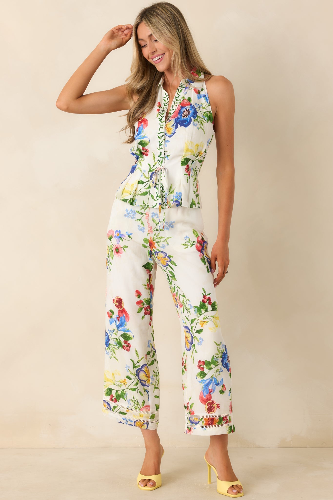 Gather & Go Ivory Multi Floral Wide Leg Pants