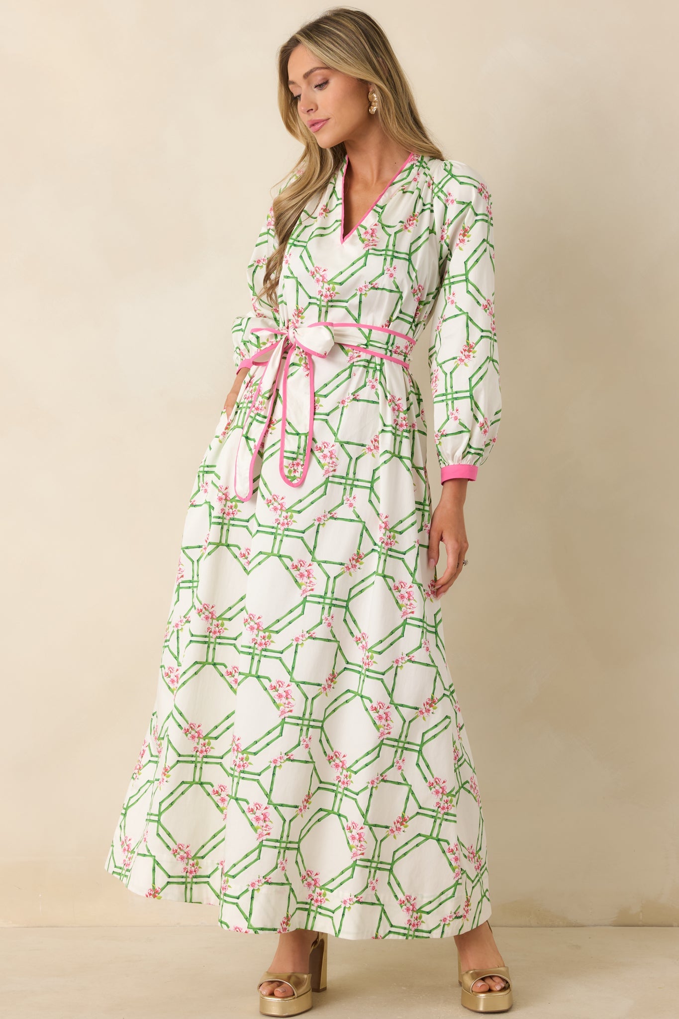 Prosperina Corinne White Multi Floral Trellis Cotton Maxi Dress