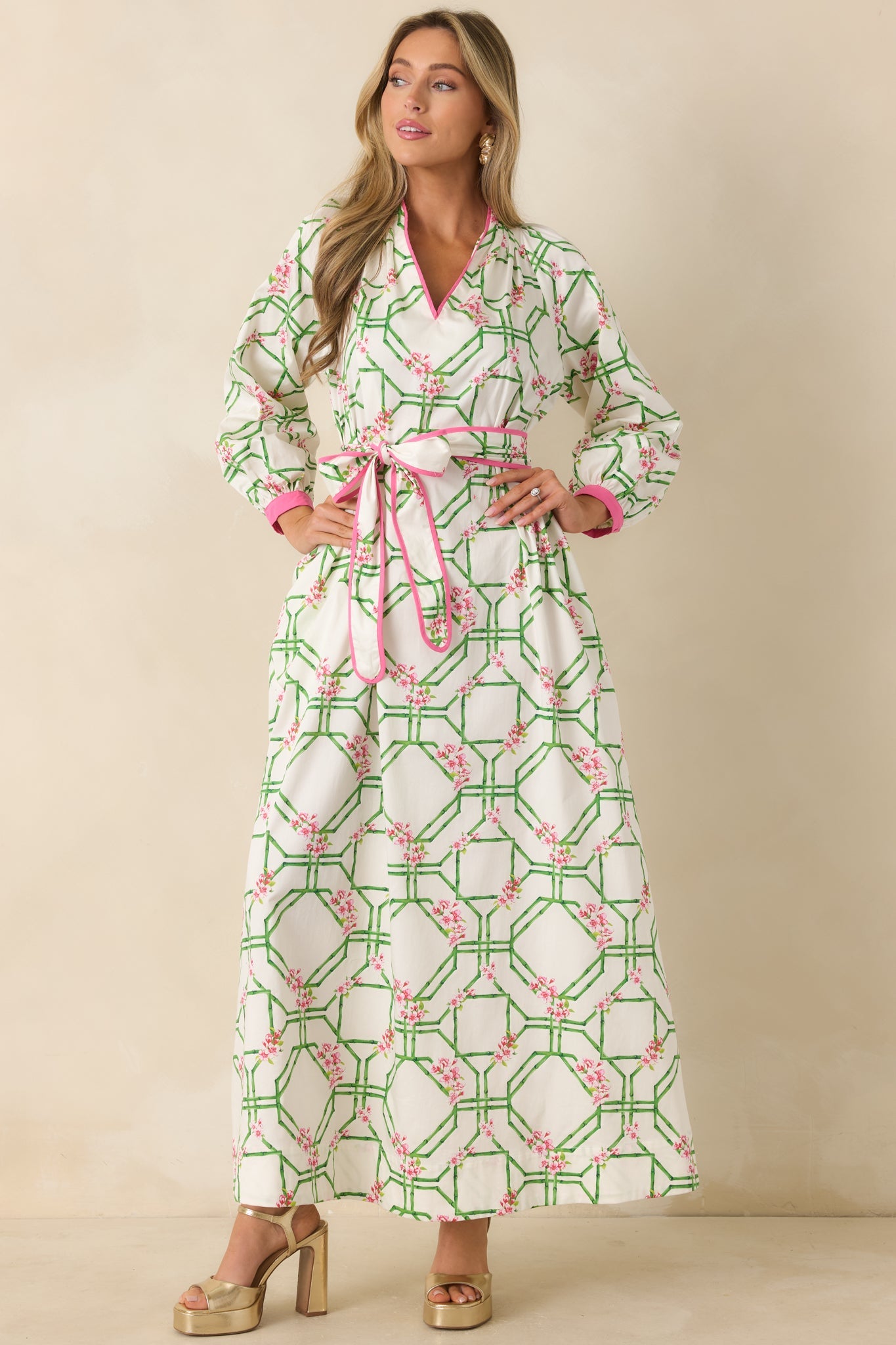 Prosperina Corinne White Multi Floral Trellis Cotton Maxi Dress