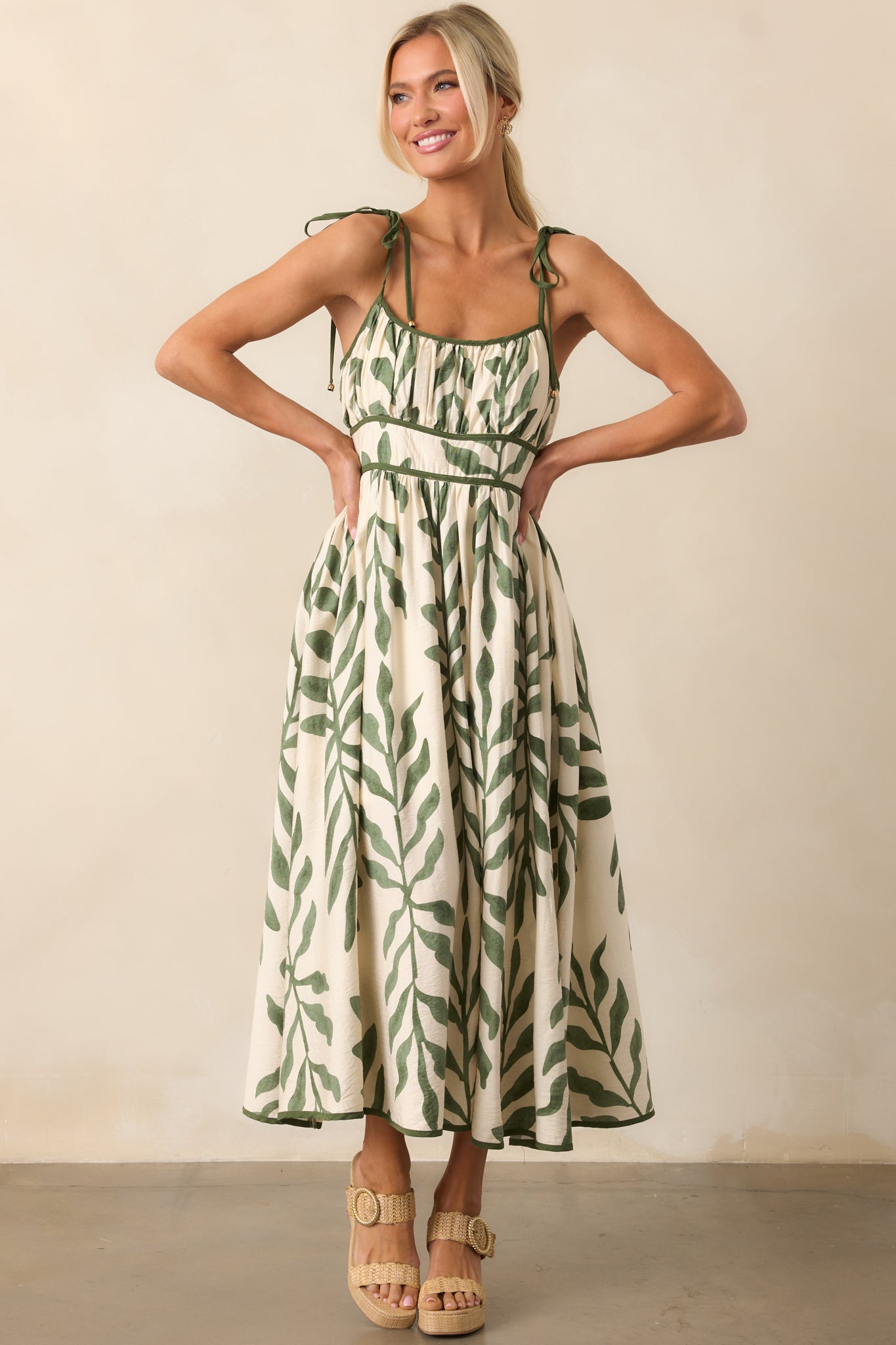 Peaceful Palms Green Tropical Print Midi Dress