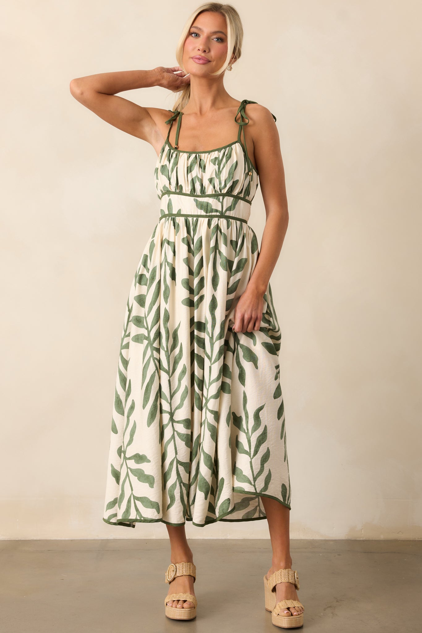 Peaceful Palms Green Tropical Print Midi Dress