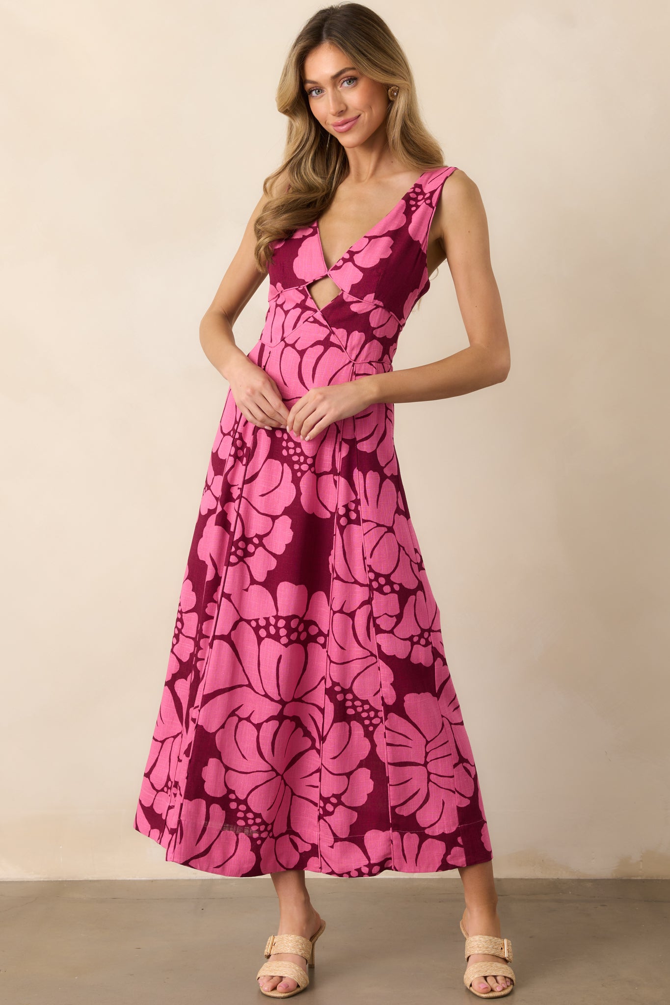 MINKPINK Persephone Berry Floral Panel Midi Dress