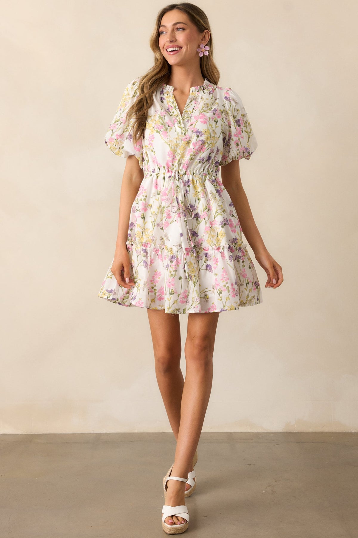 For Good Measure Ivory Floral Cotton Puff Sleeve Mini Dress