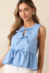 Countryside Inn Light Blue Bow Front Peplum Top