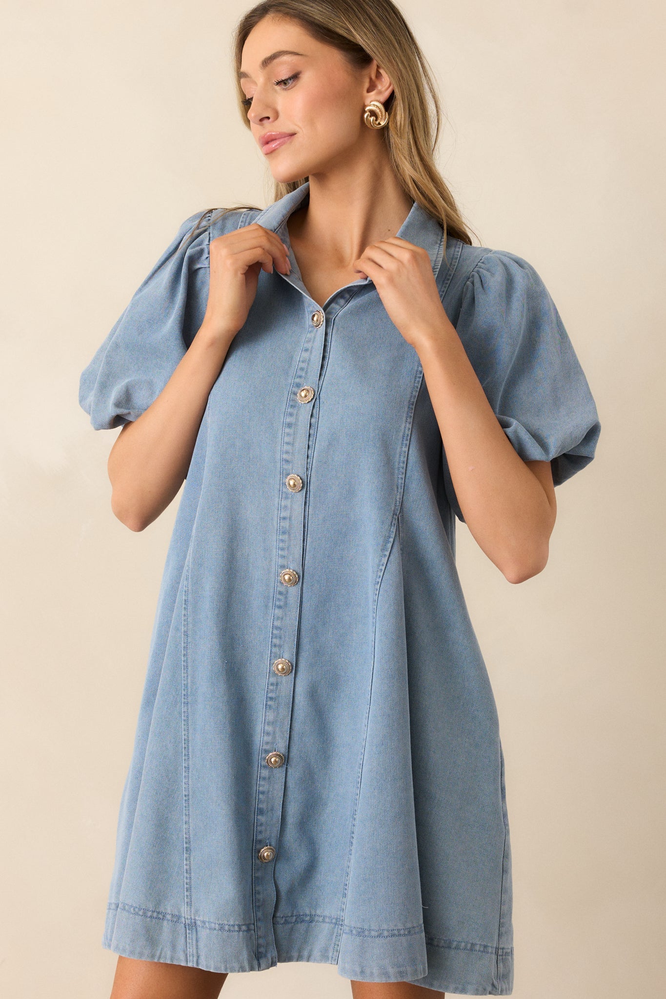 More Or Less Light Wash Cotton Denim Puff Sleeve Mini Dress