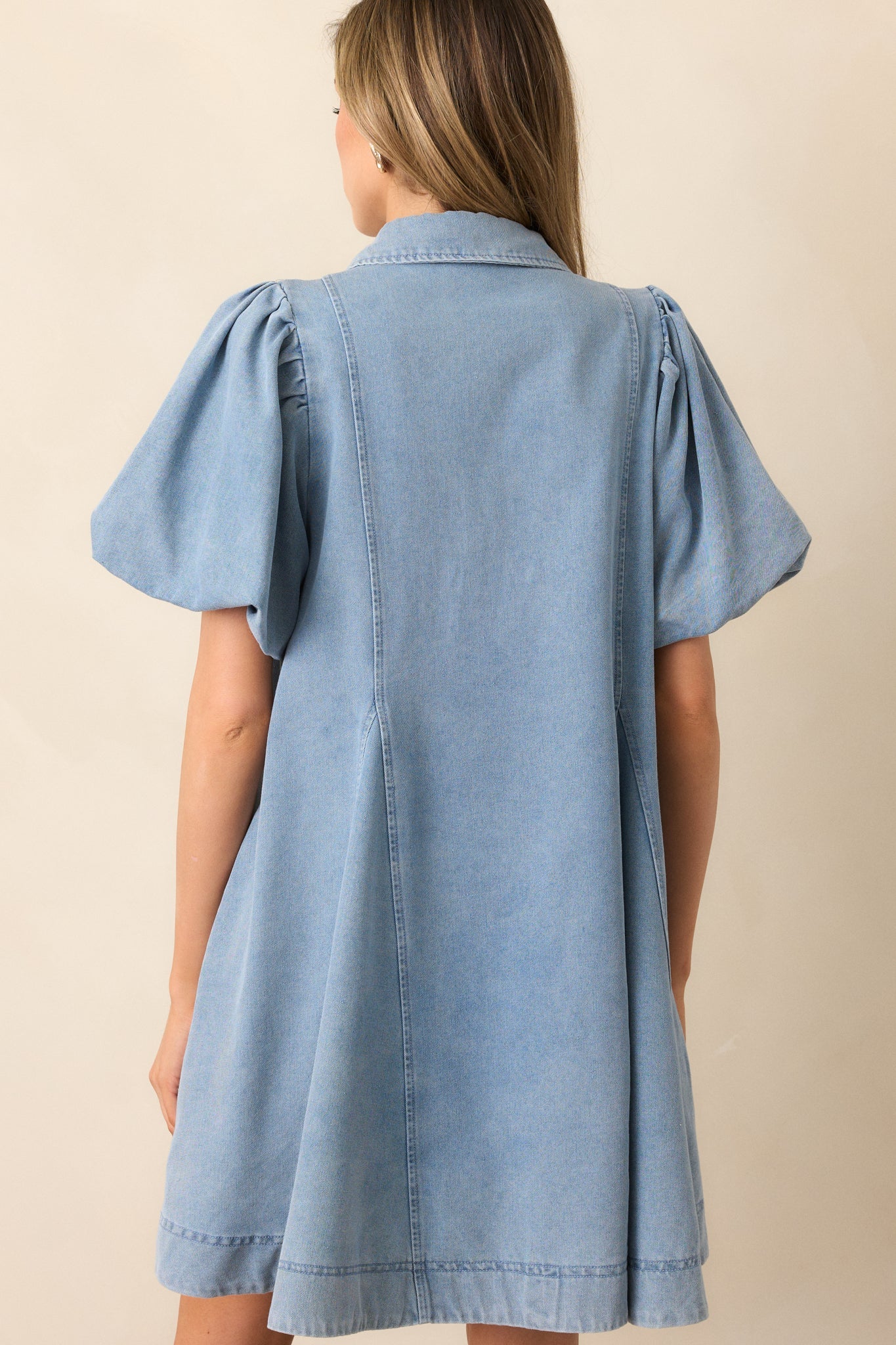 More Or Less Light Wash Cotton Denim Puff Sleeve Mini Dress