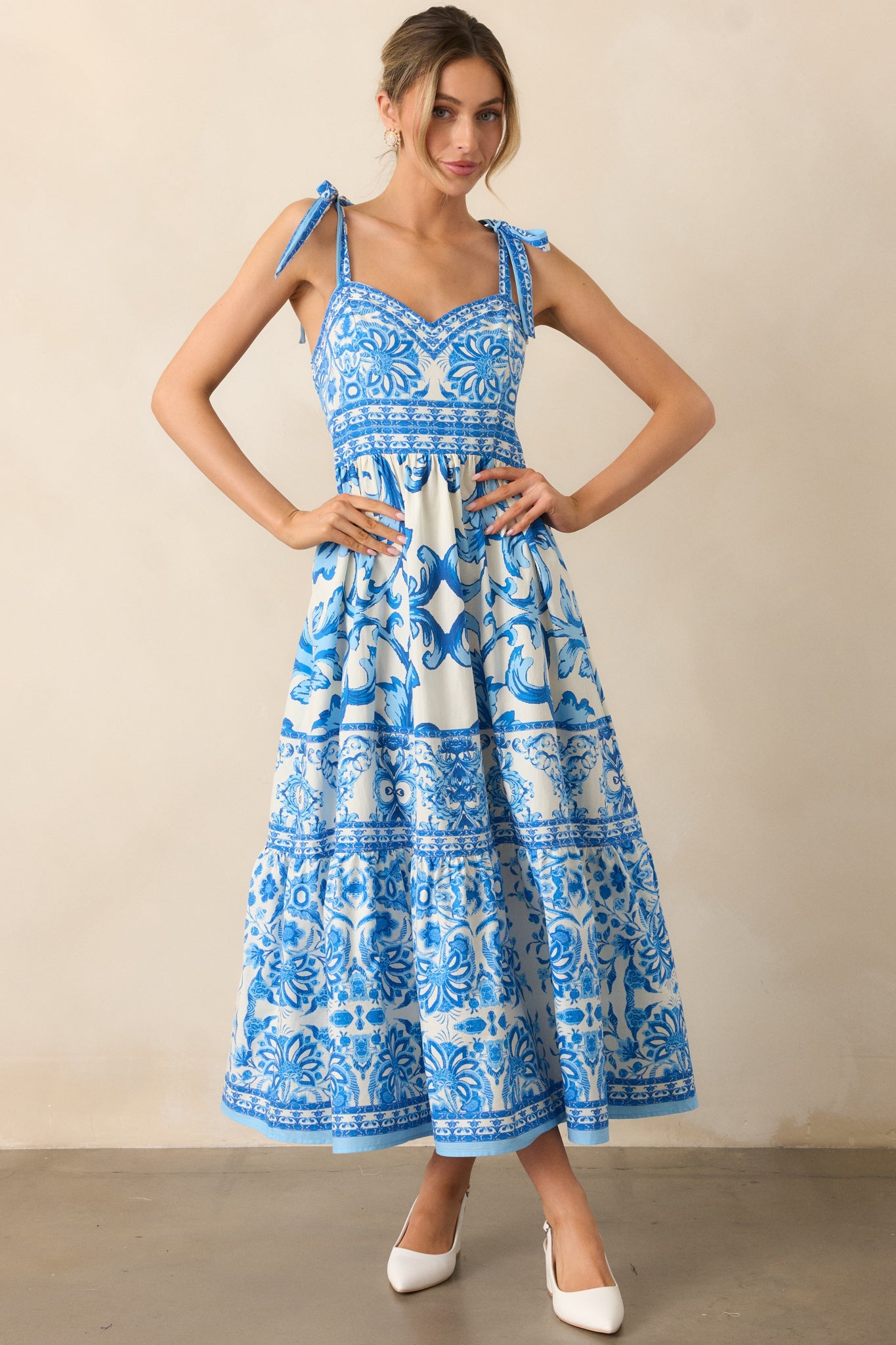 Sunny Disposition Blue Cotton Sicilian Tile Midi Dress