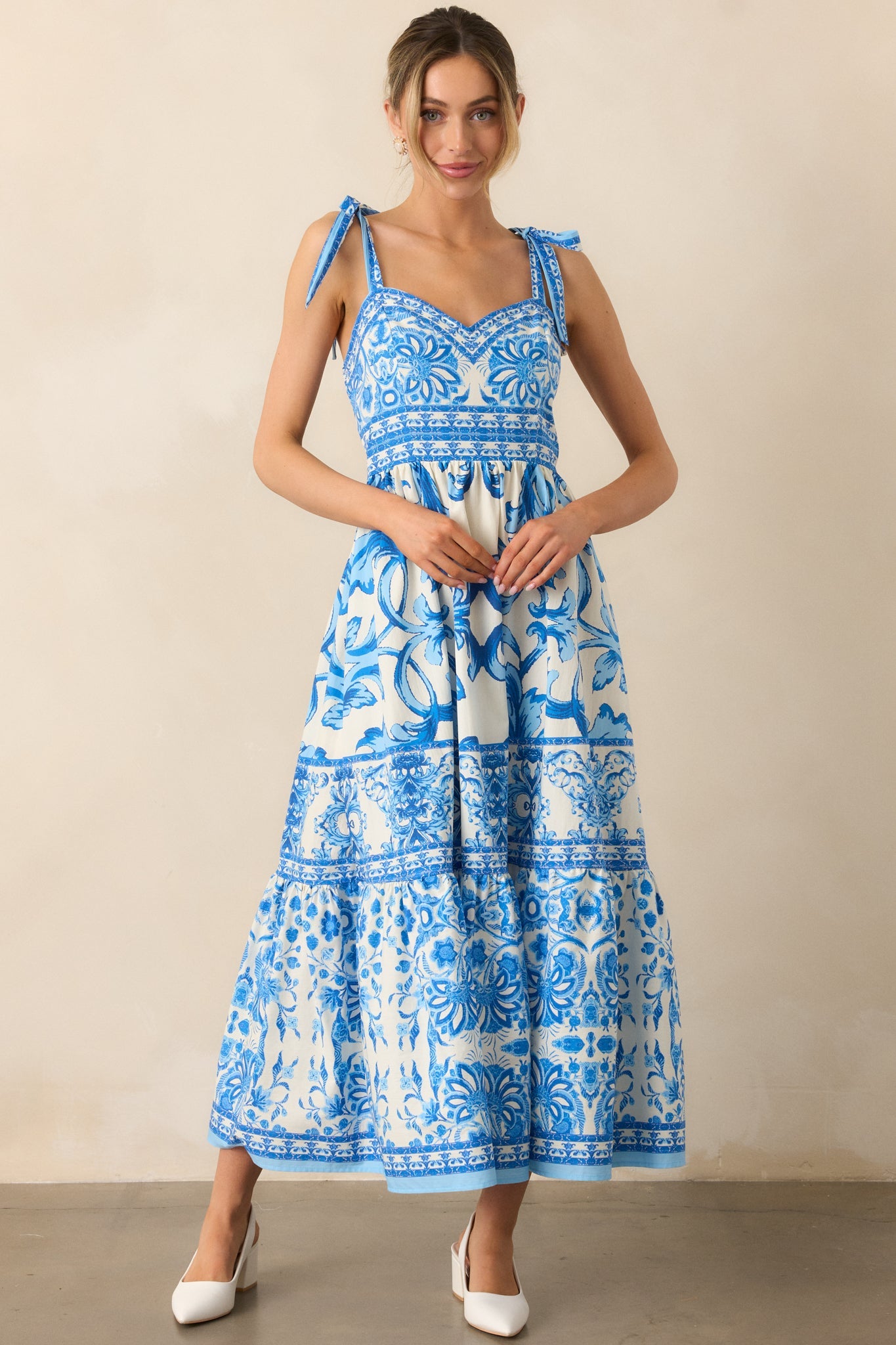 Sunny Disposition Blue Cotton Sicilian Tile Midi Dress
