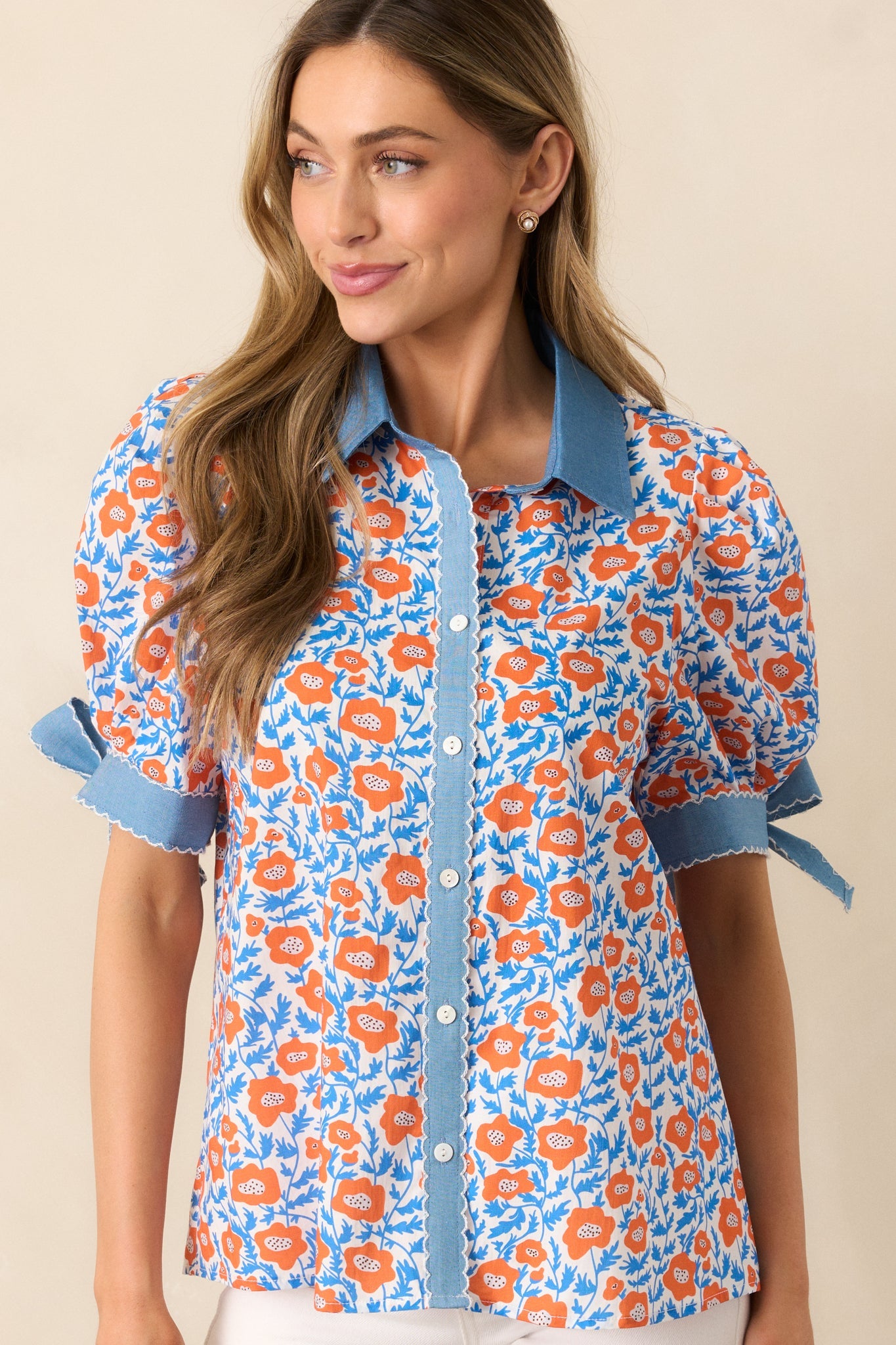 When One Door Opens Orange Floral Cotton Button Front Top