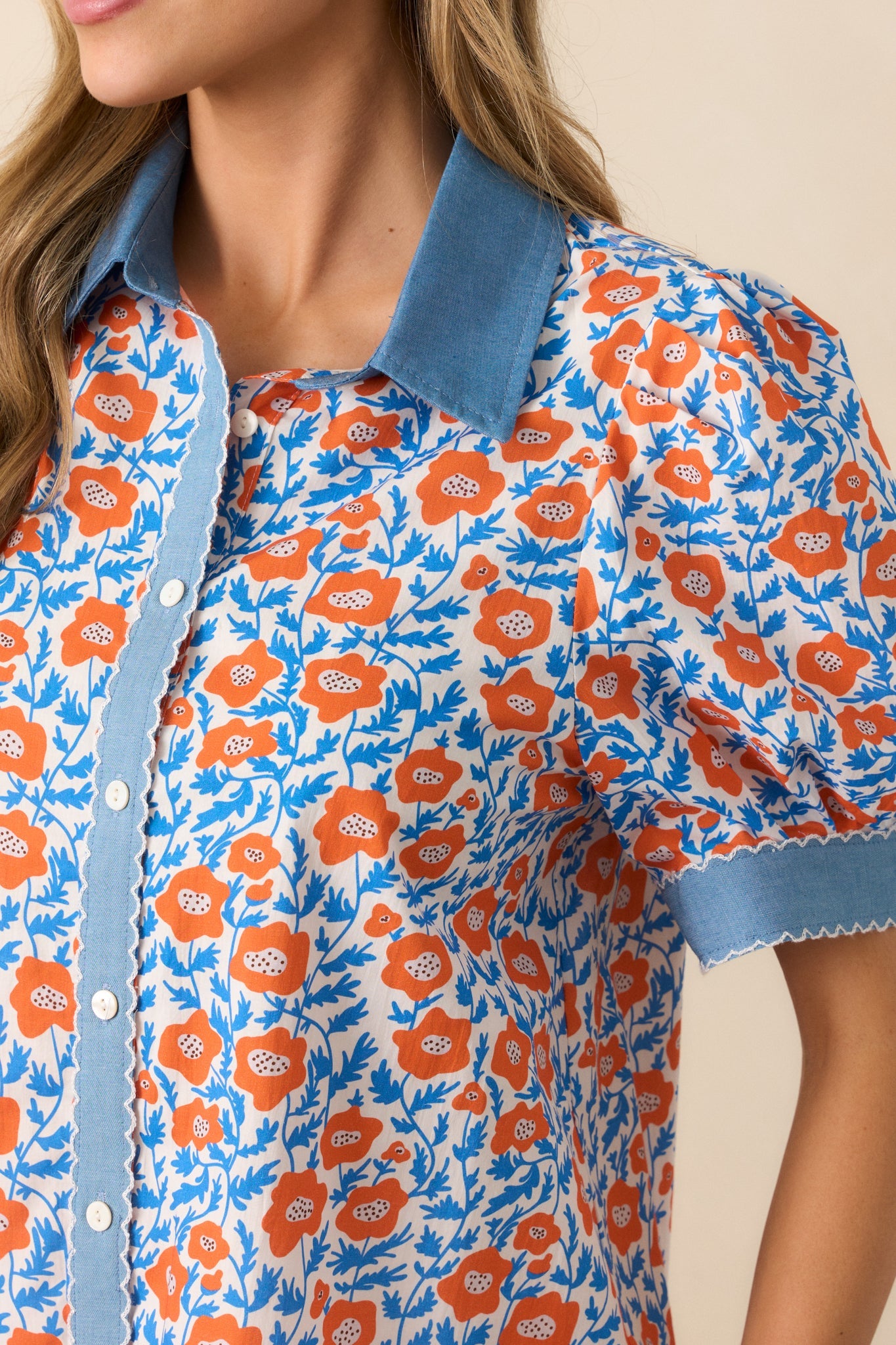When One Door Opens Orange Floral Cotton Button Front Top