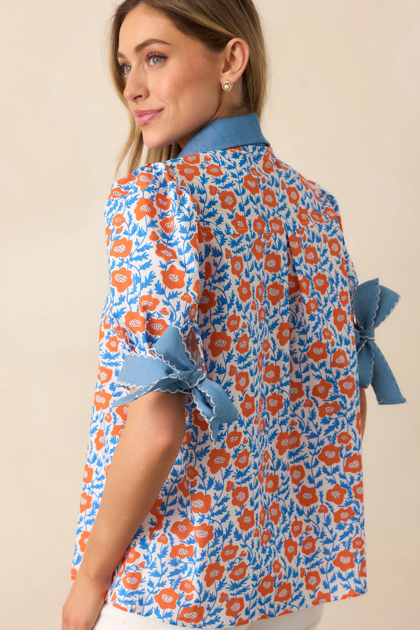 When One Door Opens Orange Floral Cotton Button Front Top
