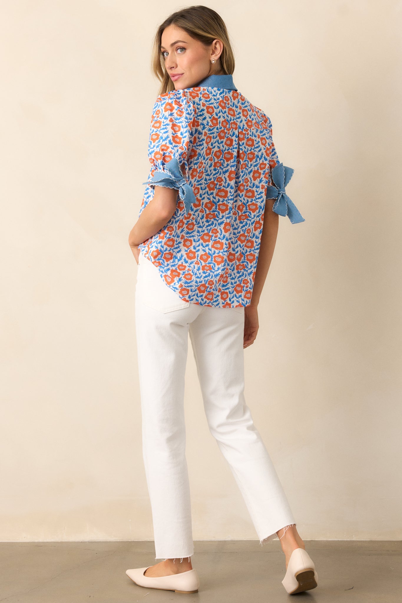 When One Door Opens Orange Floral Cotton Button Front Top