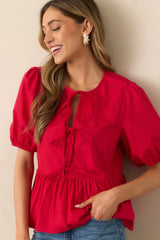 Something Special Red Cotton Bow Front Puff Sleeve Top
