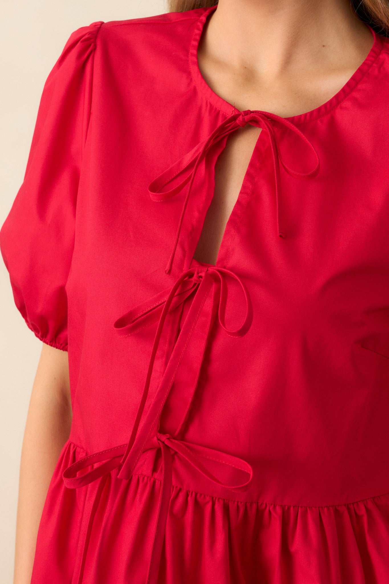 Something Special Red Cotton Bow Front Puff Sleeve Top