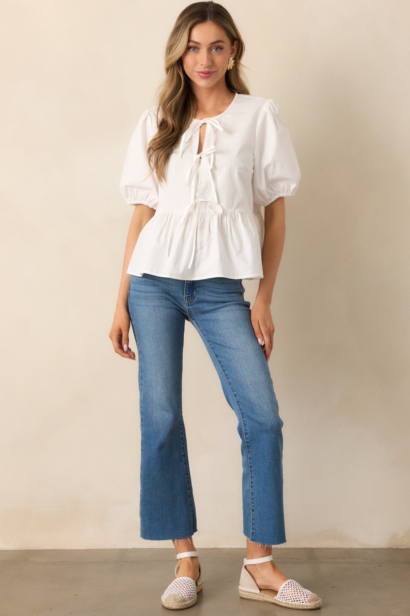 Something Special White Cotton Bow Front Puff Sleeve Top