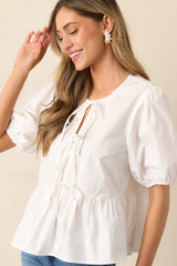 Something Special White Cotton Bow Front Puff Sleeve Top