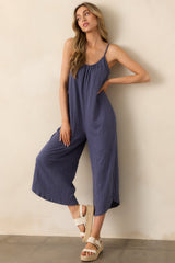 Z Supply Worn Blue Textured Flared Jumpsuit