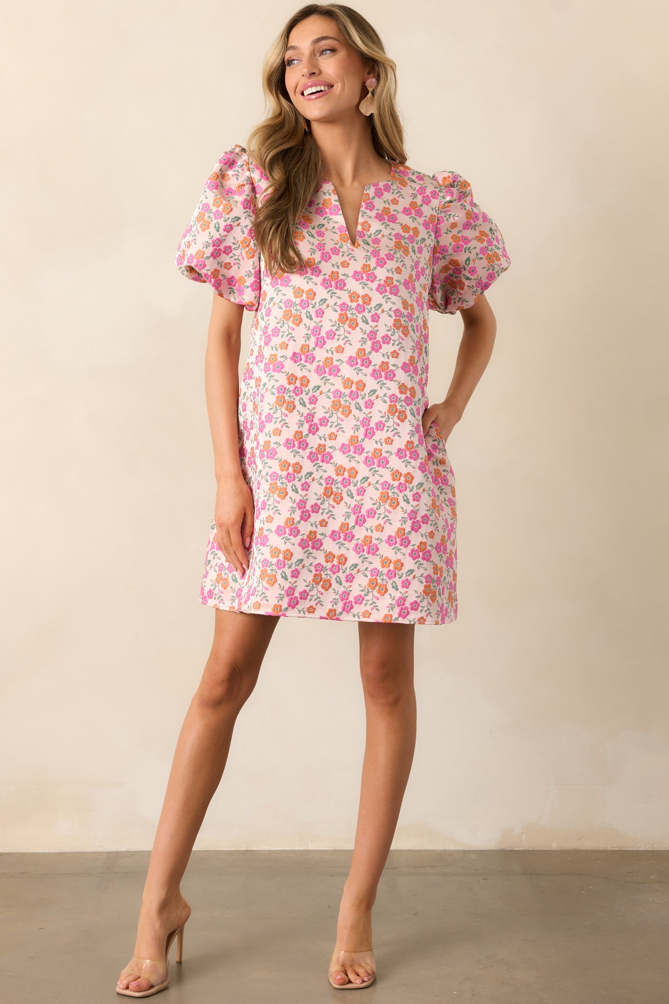 Head In The Clouds Pink Floral Jacquard Mini Dress