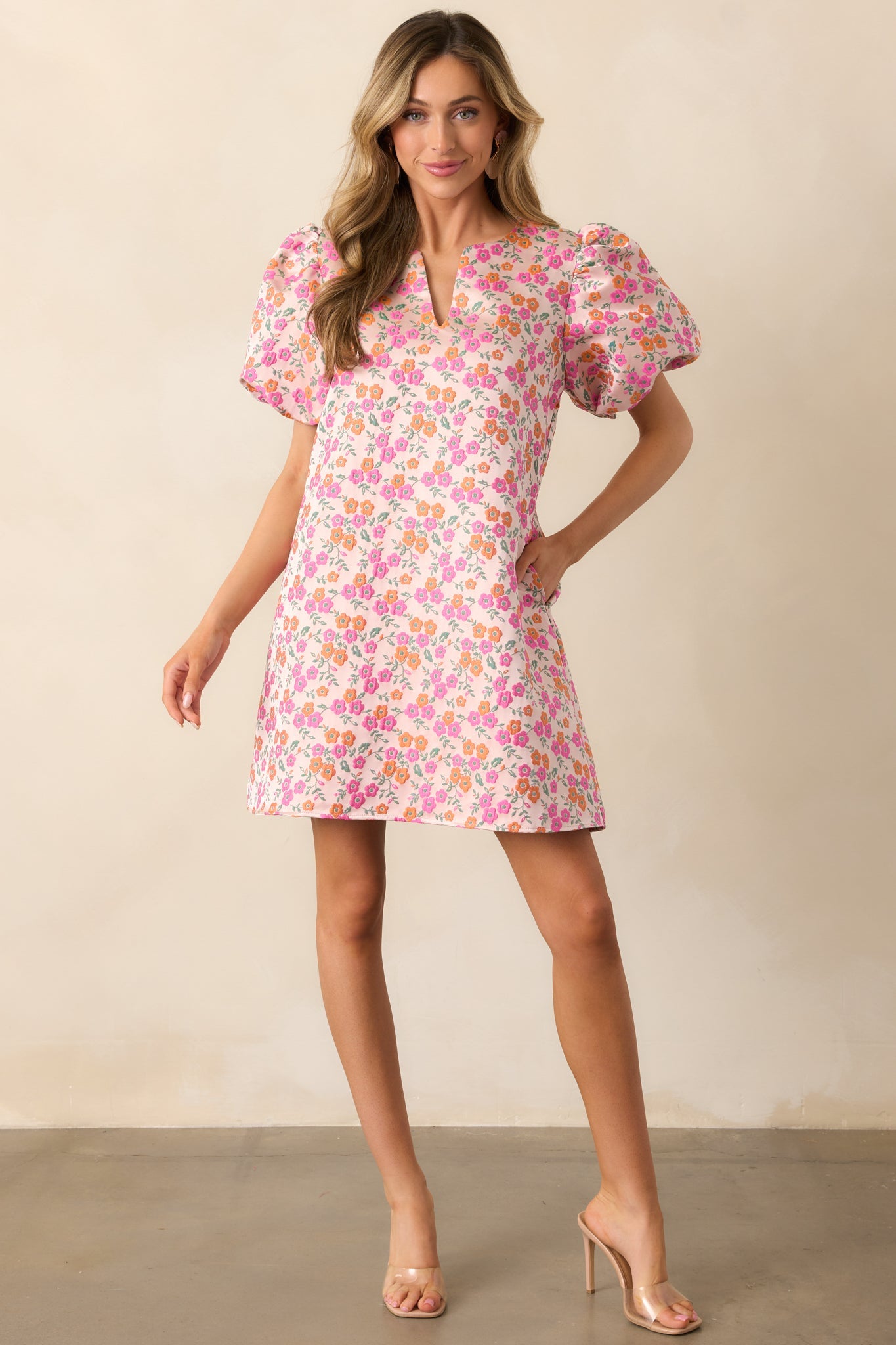 Head In The Clouds Pink Floral Jacquard Mini Dress