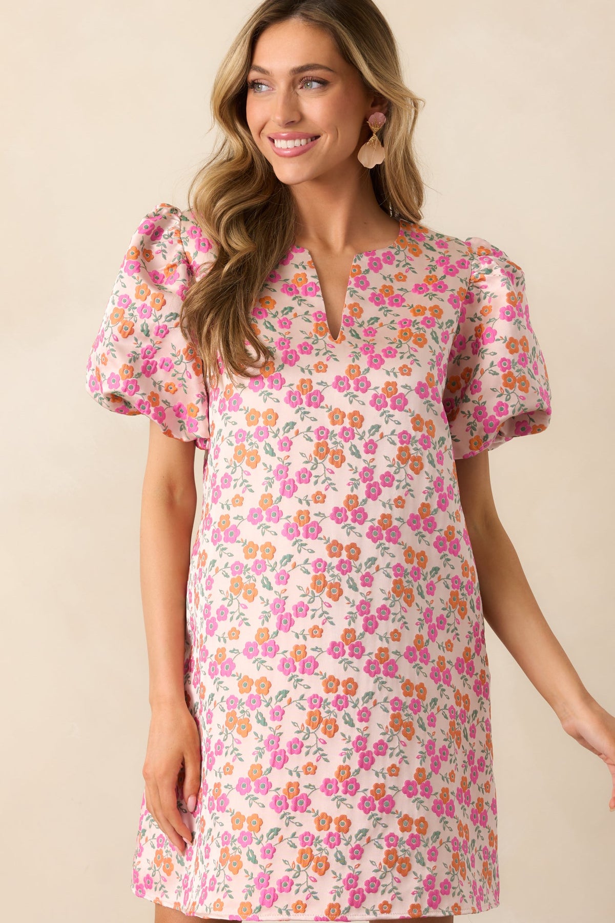 Head In The Clouds Pink Floral Jacquard Mini Dress