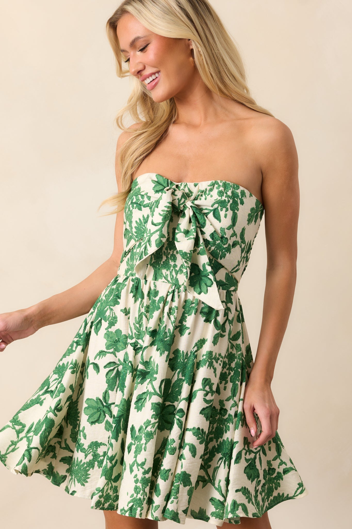 Mediterranean Coast Green Floral Strapless Mini Dress