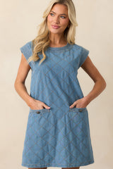 Just Wondering Light Chambray Quilted Mini Dress