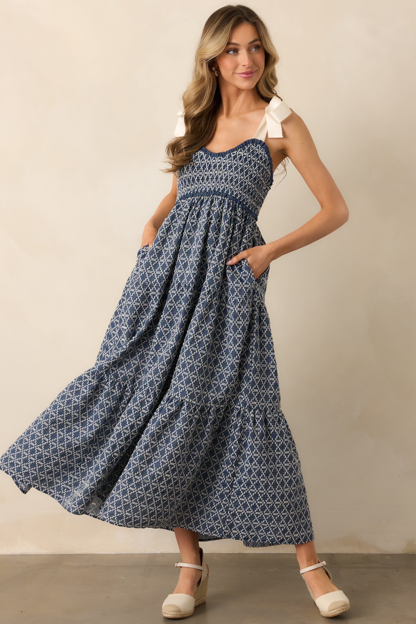 The Felicity Dark Wash Chambray Cotton Embroidered Maxi Dress