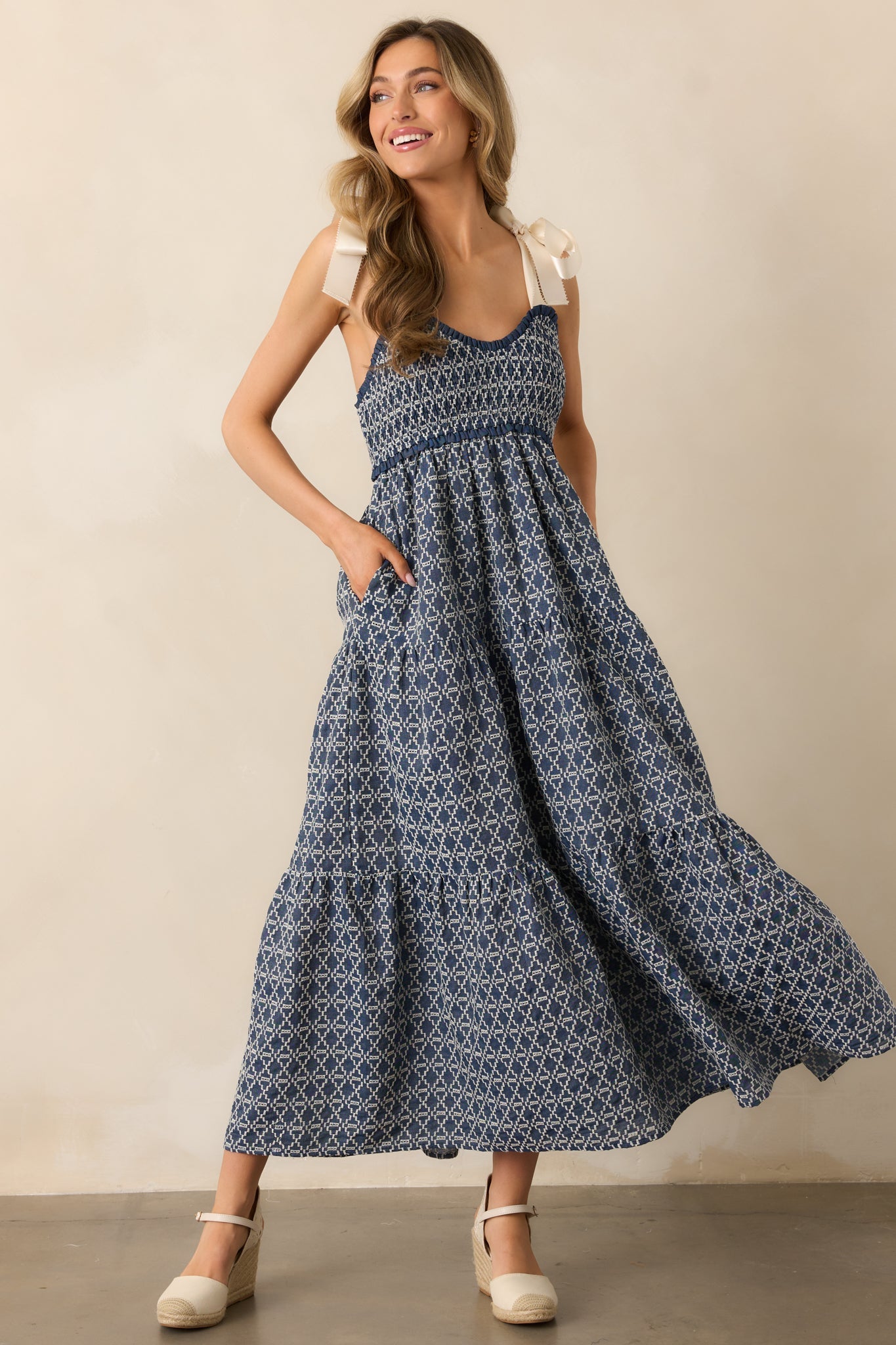 The Felicity Dark Wash Chambray Cotton Embroidered Maxi Dress