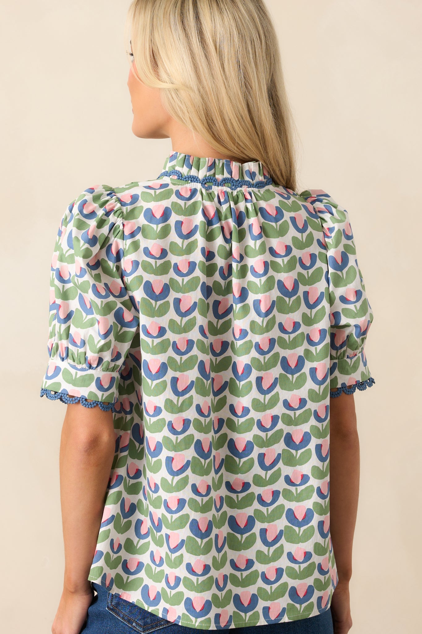 Lemonade Stand Green Floral Cotton Button Front Blouse