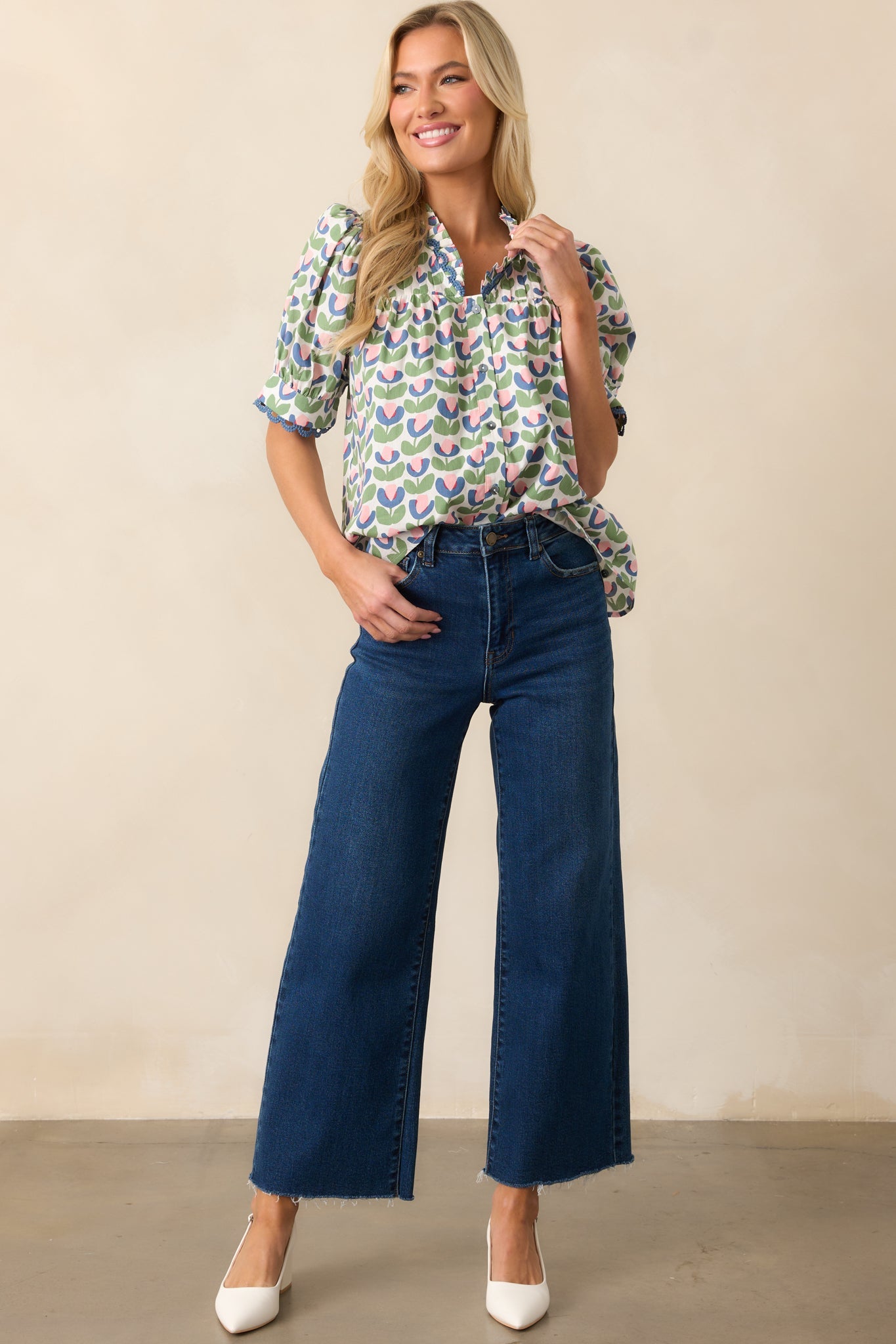 Lemonade Stand Green Floral Cotton Button Front Blouse