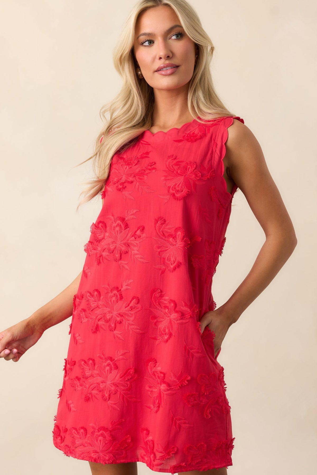No Comparison Red Floral Embroidered Mini Shift Dress