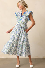 Petal Lined Path Green Floral Cotton Flutter Sleeve Midi Dress