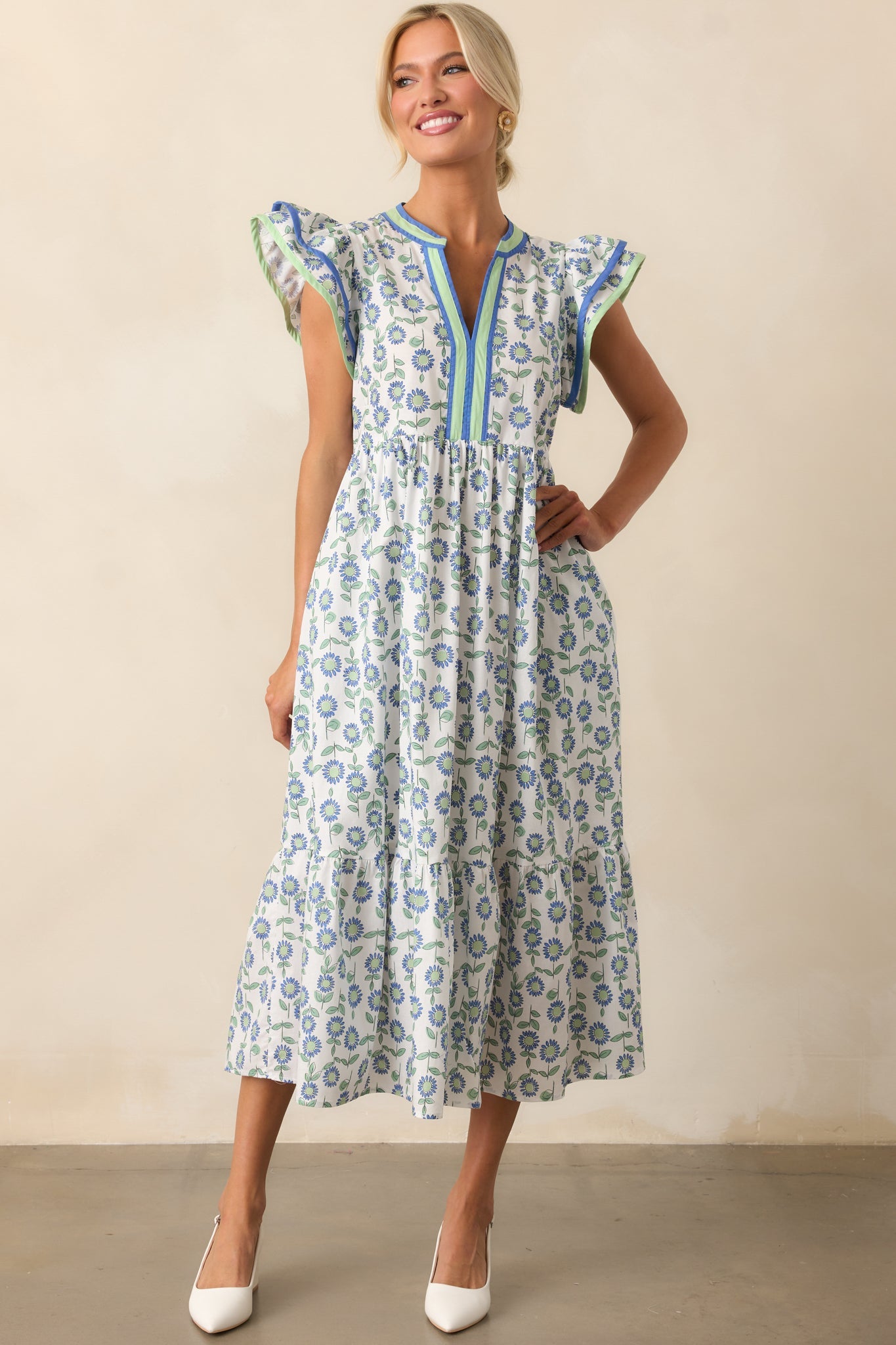 Petal Lined Path Green Floral Cotton Flutter Sleeve Midi Dress