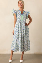 Petal Lined Path Green Floral Cotton Flutter Sleeve Midi Dress
