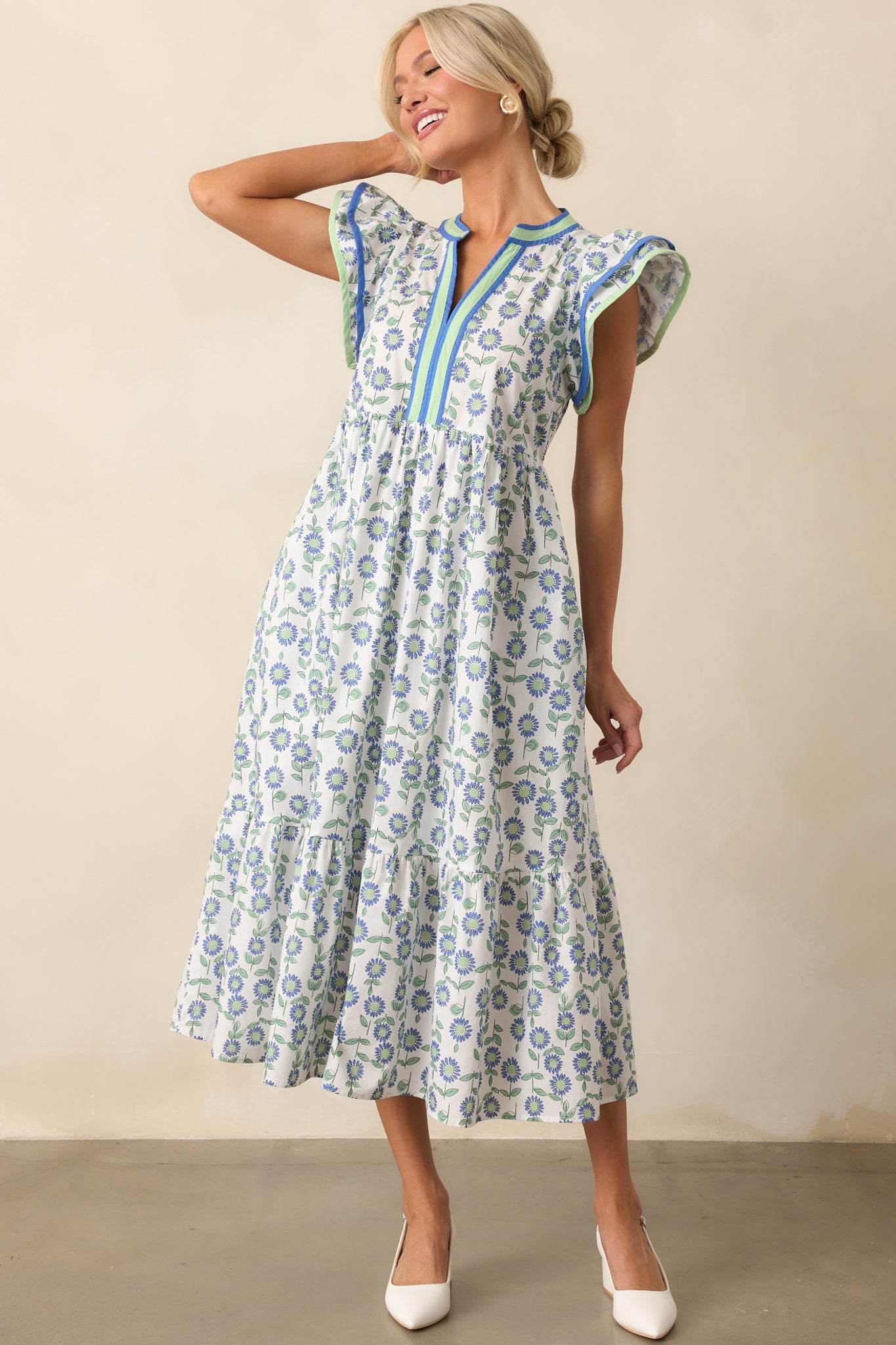 Petal Lined Path Green Floral Cotton Flutter Sleeve Midi Dress