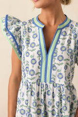Petal Lined Path Green Floral Cotton Flutter Sleeve Midi Dress