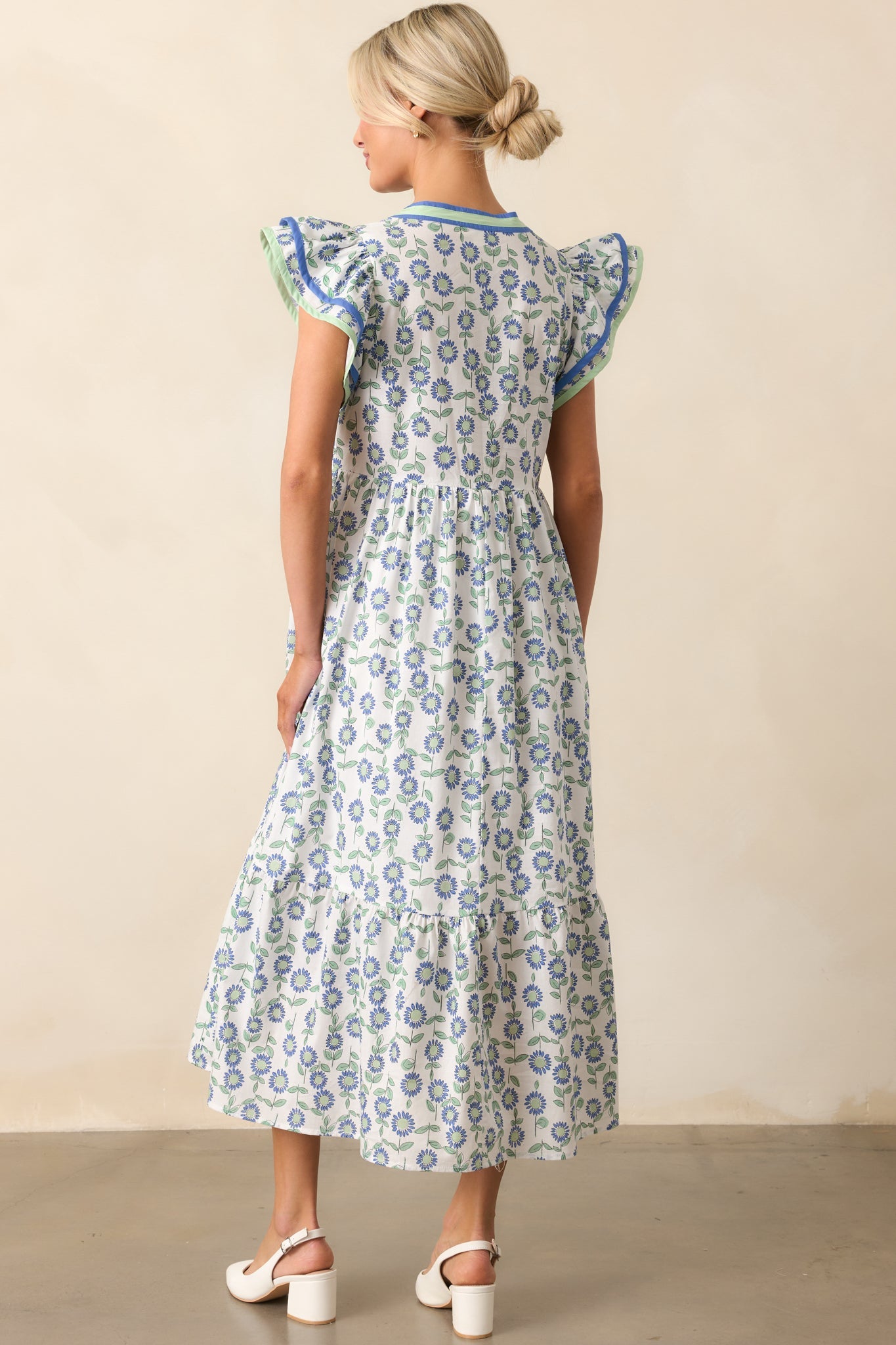 Petal Lined Path Green Floral Cotton Flutter Sleeve Midi Dress