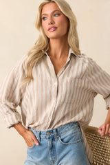 Z Supply Pebble Moon Taupe Perfect Linen Stripe Top