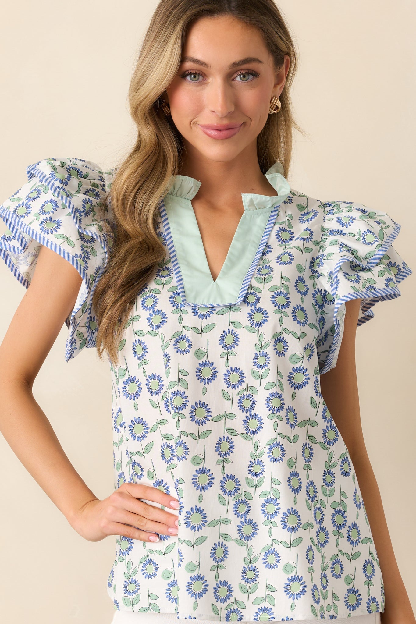 The More The Merrier Green Floral Cotton Flutter Sleeve Top
