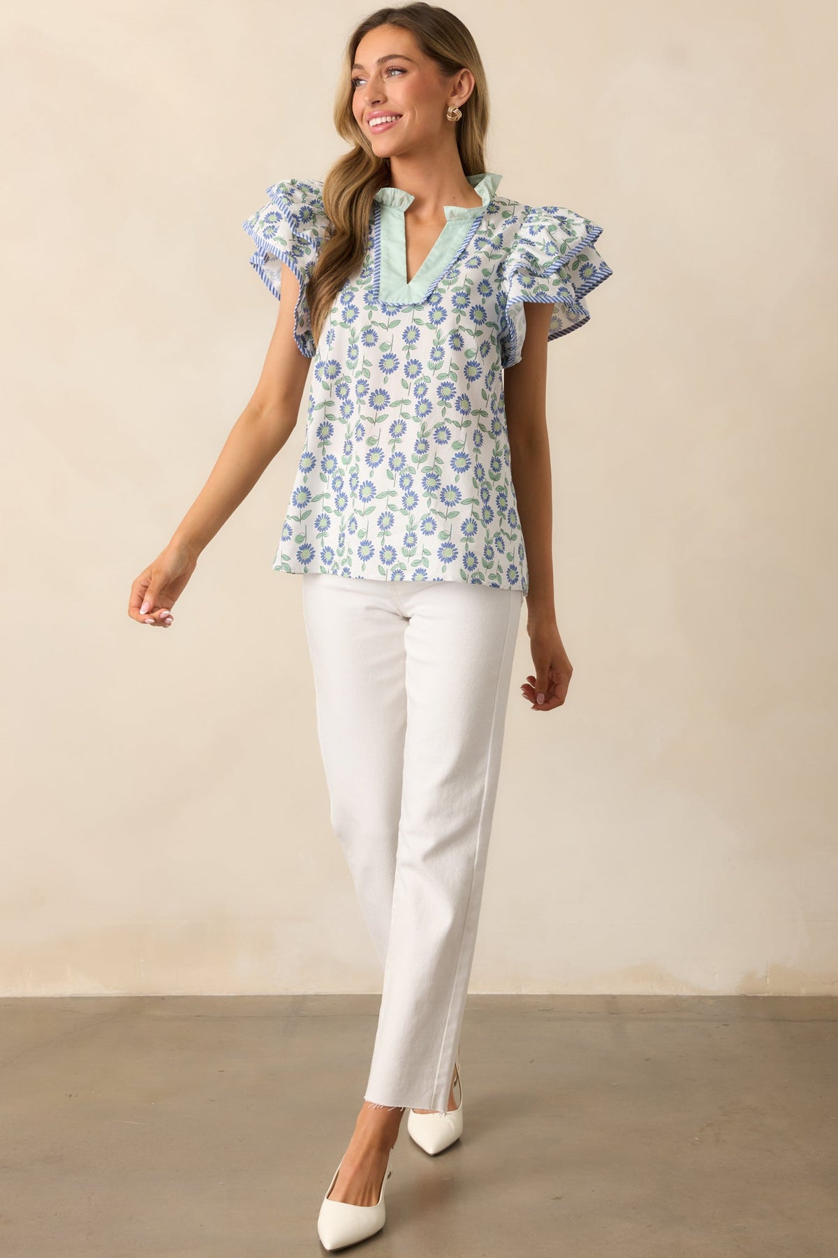 The More The Merrier Green Floral Cotton Flutter Sleeve Top