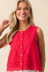 Say No More Red Cotton Eyelet Embroidered Button Front Top