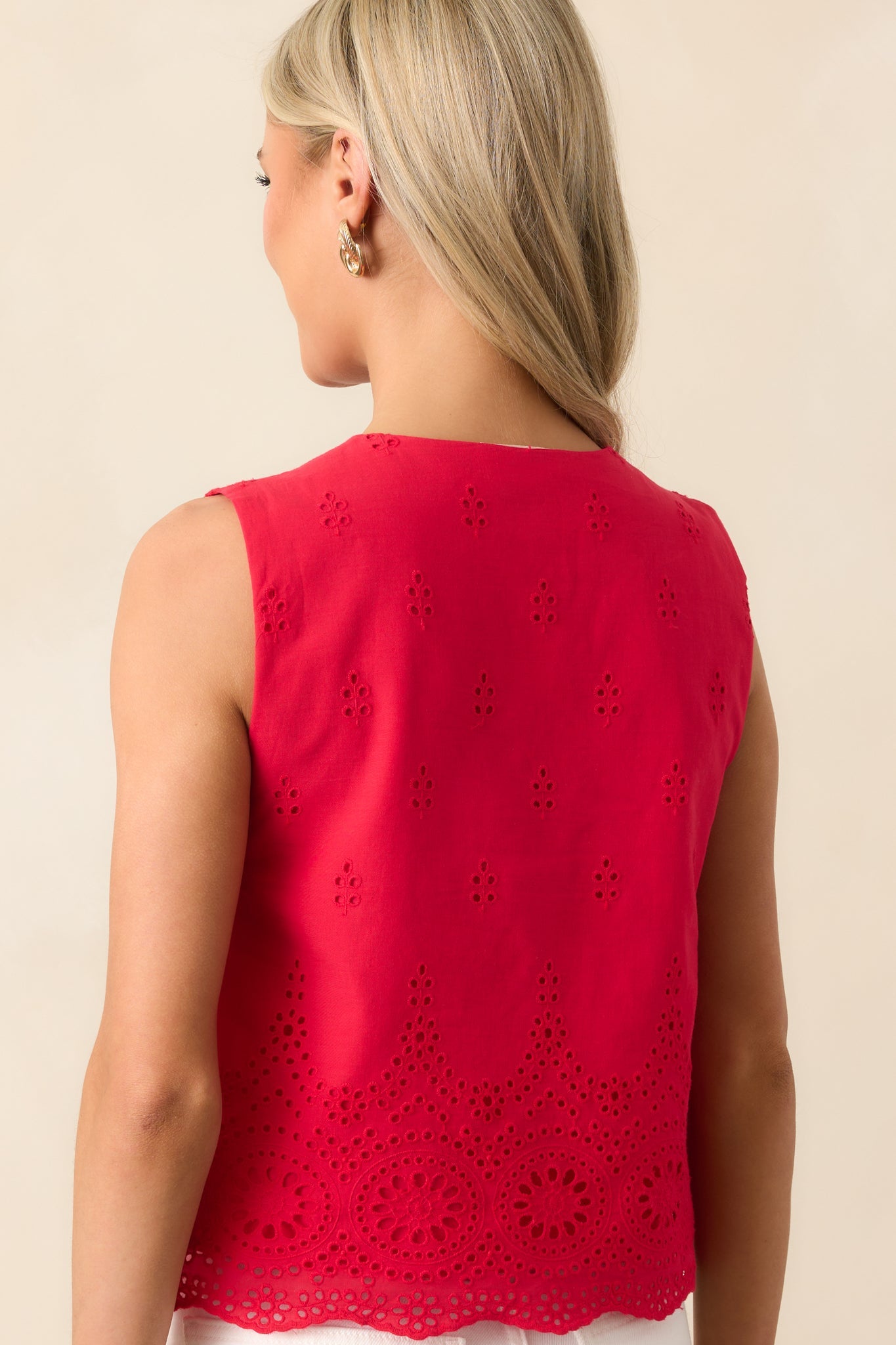 Say No More Red Cotton Eyelet Embroidered Button Front Top