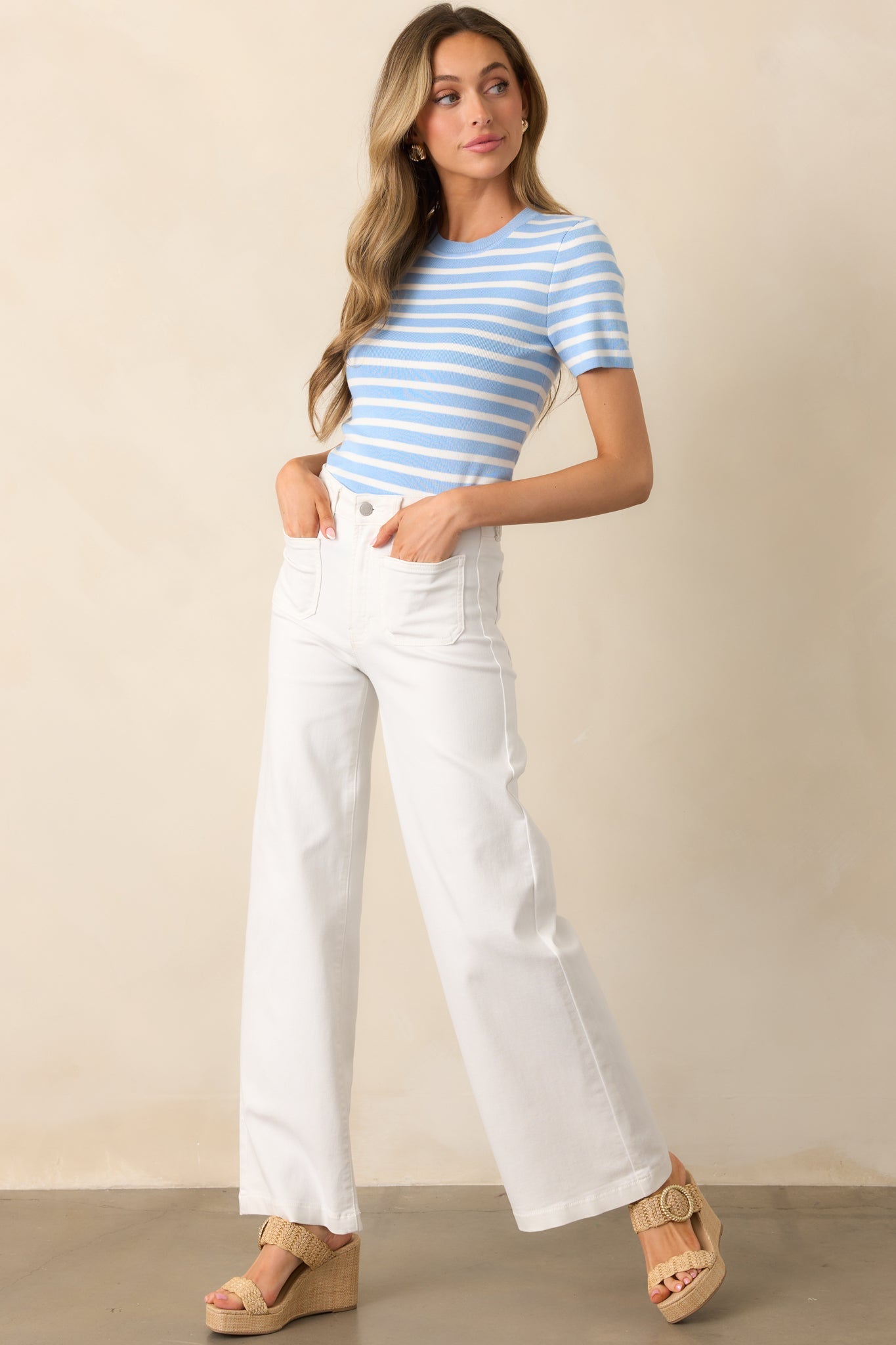 Let's Catch Up Light Blue Stripe Short Sleeve Top