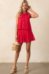No Time Like Now Red Cotton Eyelet Embroidered Shorts