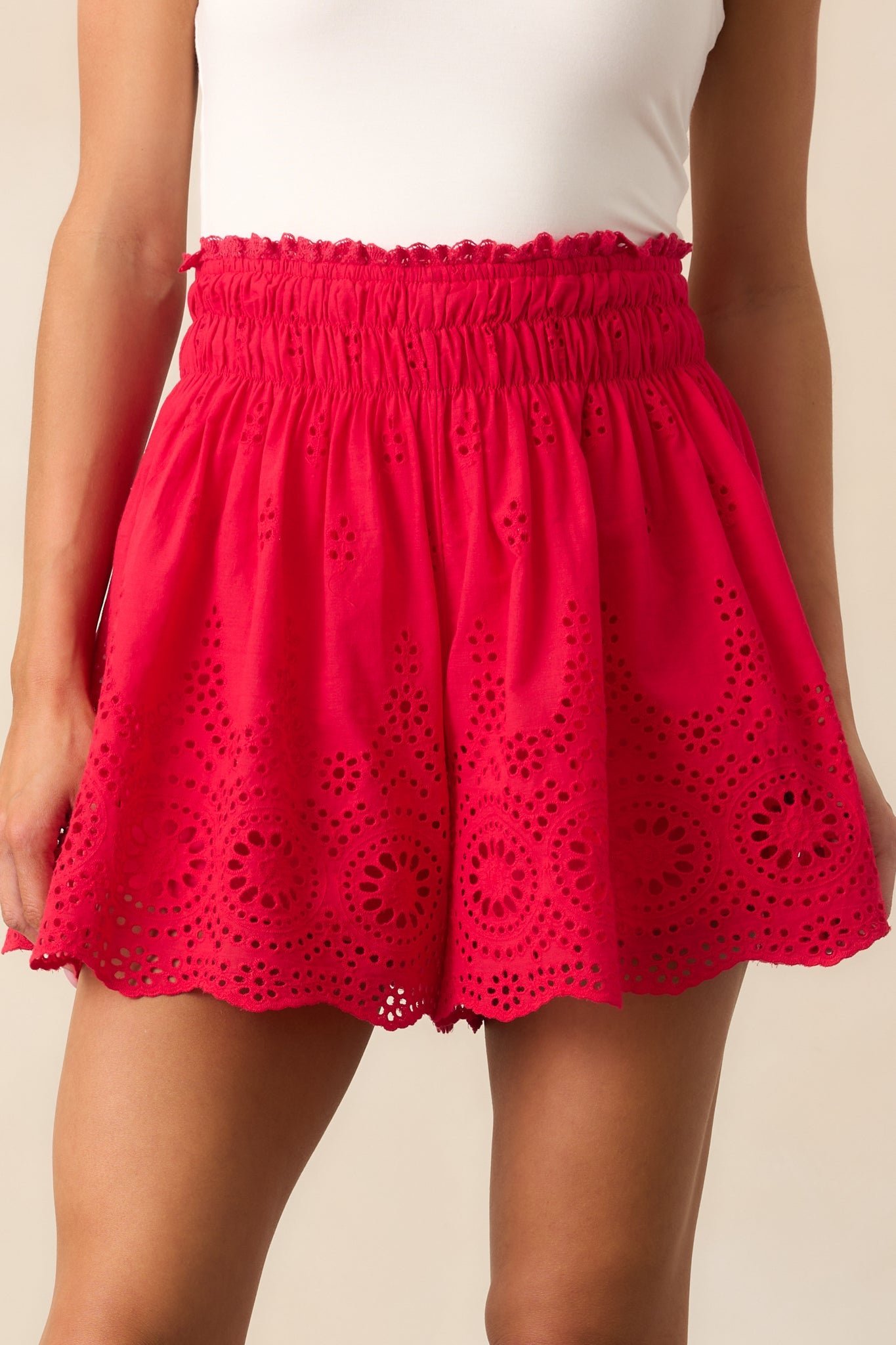 No Time Like Now Red Cotton Eyelet Embroidered Shorts