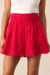 No Time Like Now Red Cotton Eyelet Embroidered Shorts